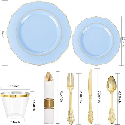 350Pcs Bule Plastic Plates - Disposable Bule And Gold Plates 50Guest Baroque Plastic Dinnerware Lude 100Plates, 50Pa Pre Rolled Good Vibrations