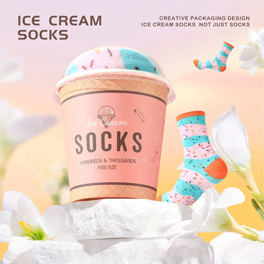 2025 Autumn/Winter New Arrival Funny Prank Gift Box Ice Cream Socks, Unisex Mid-Calf Knit Socks in Pink and Blue, Novel Food-Inspired Design, Stylish & Comfortable Streetwear/Casual Style for All Seasons – Perfect for Birth Good Vibrations