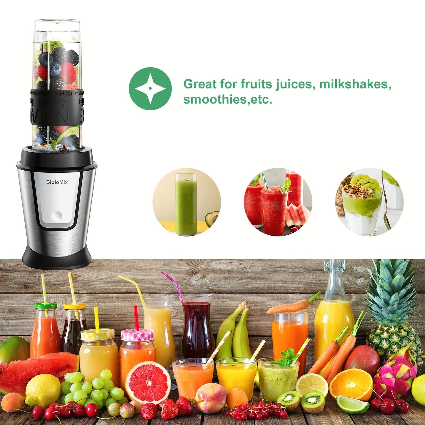 BioloMix 700W High-Speed Blender - 3-in-1 Smoothie Maker, Food Processor & Grinder Good Vibrations