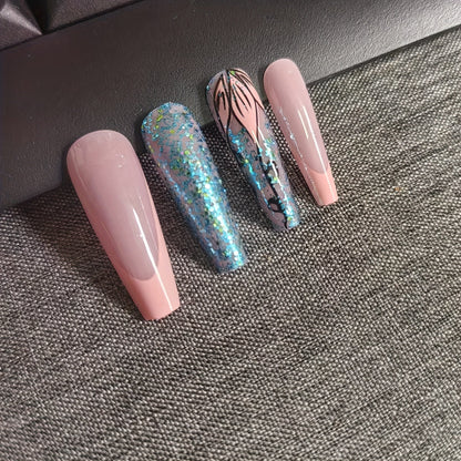 24pcs Sweet Sparkle Vine Spring/Summer Press-On Nails, Long French Ballet Nail Tips, Removable Glitter Pink Artificial Nail Patch with Mixed Colors and Glossy Finish, Nail Art Stickers Good Vibrations