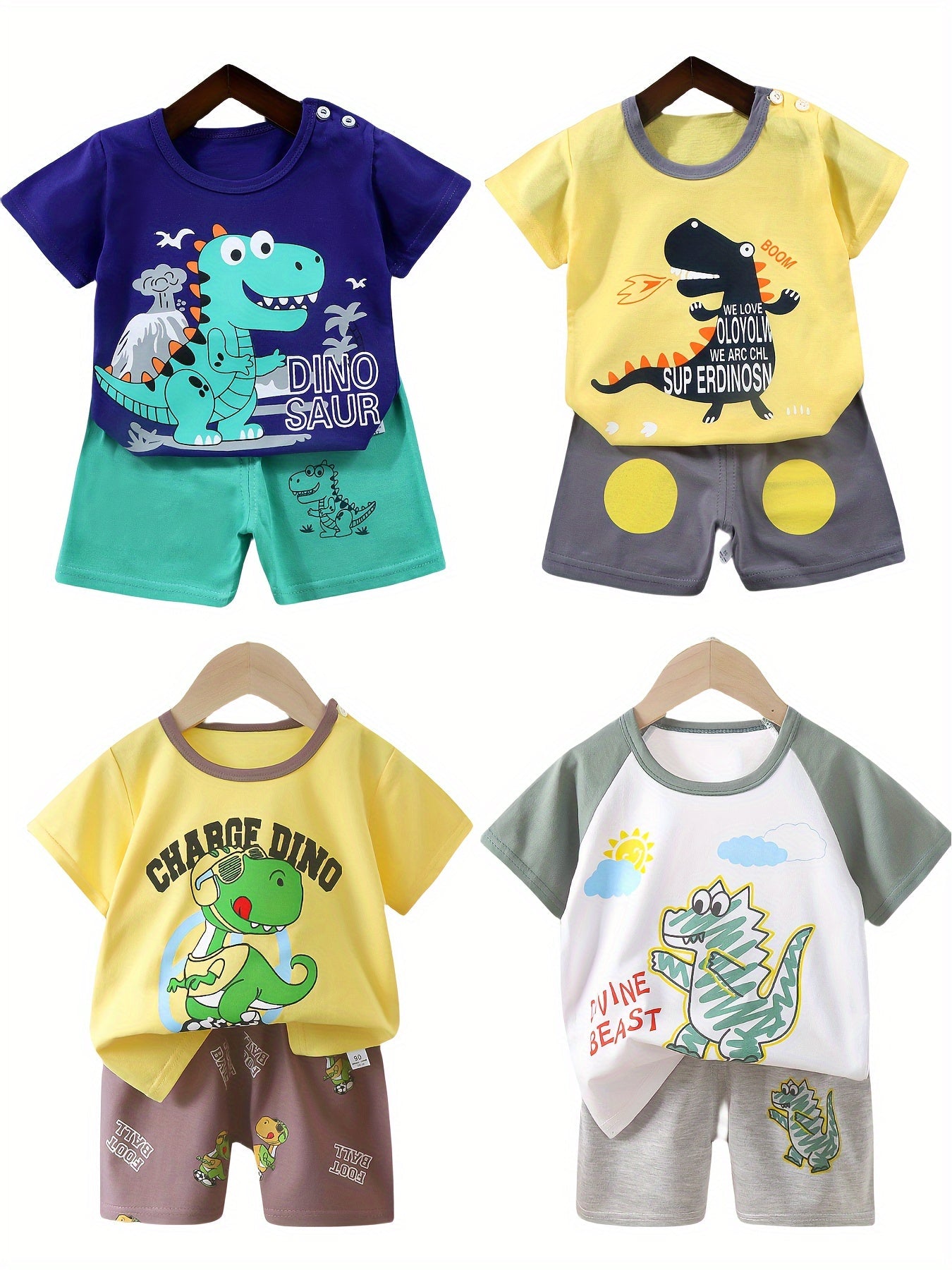 4sets Children's Dinosaur Series Casual Clothing Set For Boys Top Baby Comfortable Short Sleeved Shorts Set Good Vibrations