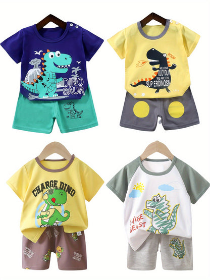 4sets Children's Dinosaur Series Casual Clothing Set For Boys Top Baby Comfortable Short Sleeved Shorts Set Good Vibrations