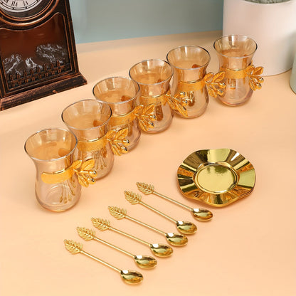 6 Sets Golden Vintage Teacups and Saucers - Handmade Turkish Tea Water Serving Set with European Style Design - Perfect for Breakfast, Tea Party, Afternoon Tea, Home, Garden, Restaurant, and as Gifts Good Vibrations