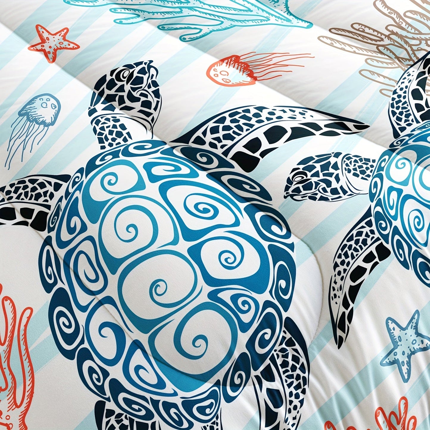 3pcs Modern Fashion Polyester Comforter Set (1*Comforter + 2*Pillowcase, Without Core), Cute Turtle, Starfish, And Jellyfish Print Bedding Set, Soft Comfortable And Skin-friendly Comforter For Bedroom, Guest Room Good Vibrations