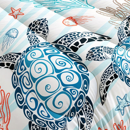 3pcs Modern Fashion Polyester Comforter Set (1*Comforter + 2*Pillowcase, Without Core), Cute Turtle, Starfish, And Jellyfish Print Bedding Set, Soft Comfortable And Skin-friendly Comforter For Bedroom, Guest Room Good Vibrations