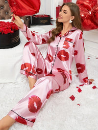 Lipprint printed women's satin pajamas, long sleeved pants, sexy home clothing set Good Vibrations