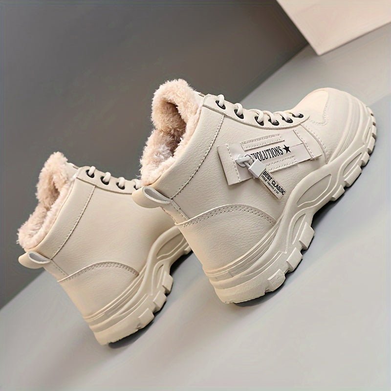 [Warm Fleece-Lined Winter Boots] Warm Fleece-Lined Women's Winter High-Top Boots - Thick Rubber Sole, Lace-Up Casual Style, White & Beige, Perfect for Cold Weather Comfort Good Vibrations