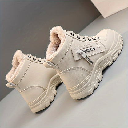 [Warm Fleece-Lined Winter Boots] Warm Fleece-Lined Women's Winter High-Top Boots - Thick Rubber Sole, Lace-Up Casual Style, White & Beige, Perfect for Cold Weather Comfort Good Vibrations