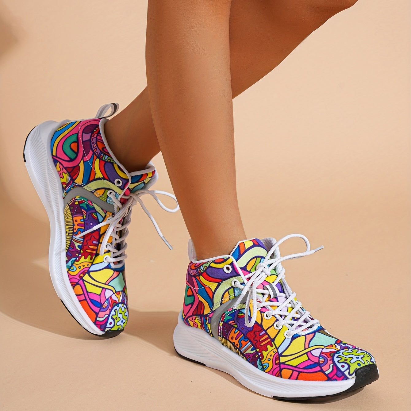 [Reflective Sneakers] Lightweight, Reflective Women's Hand-Painted Cartoon Print High-Top Sneakers | Lace-Up Casual Shoes with Soft Fabric Upper & EVA/Rubber Sole for North American & Mexican Fashion - Winter-Ready Good Vibrations