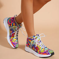 [Reflective Sneakers] Lightweight, Reflective Women's Hand-Painted Cartoon Print High-Top Sneakers | Lace-Up Casual Shoes with Soft Fabric Upper & EVA/Rubber Sole for North American & Mexican Fashion - Winter-Ready Good Vibrations