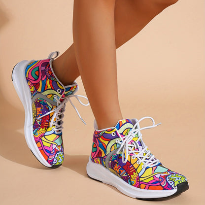 [Reflective Sneakers] Lightweight, Reflective Women's Hand-Painted Cartoon Print High-Top Sneakers | Lace-Up Casual Shoes with Soft Fabric Upper & EVA/Rubber Sole for North American & Mexican Fashion - Winter-Ready Good Vibrations