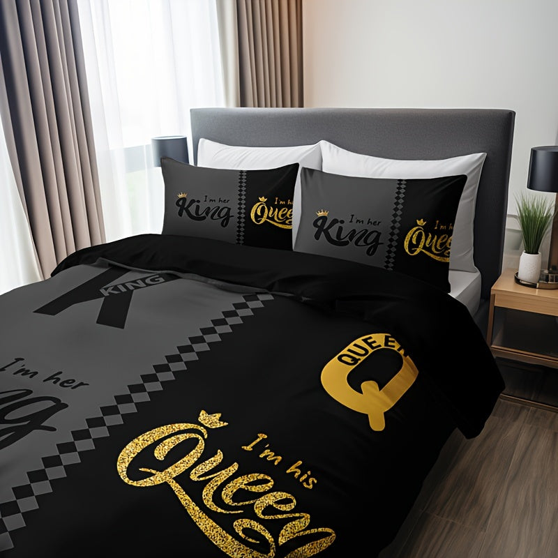 3pcs Black & Grey Crown Lettering Duvet Cover Set (1 Duvet Cover + 2 Pillowcases) - High Definition Printing For Home & Dorm Decor, Comforter Not Included Good Vibrations