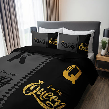 3pcs Black & Grey Crown Lettering Duvet Cover Set (1 Duvet Cover + 2 Pillowcases) - High Definition Printing For Home & Dorm Decor, Comforter Not Included Good Vibrations