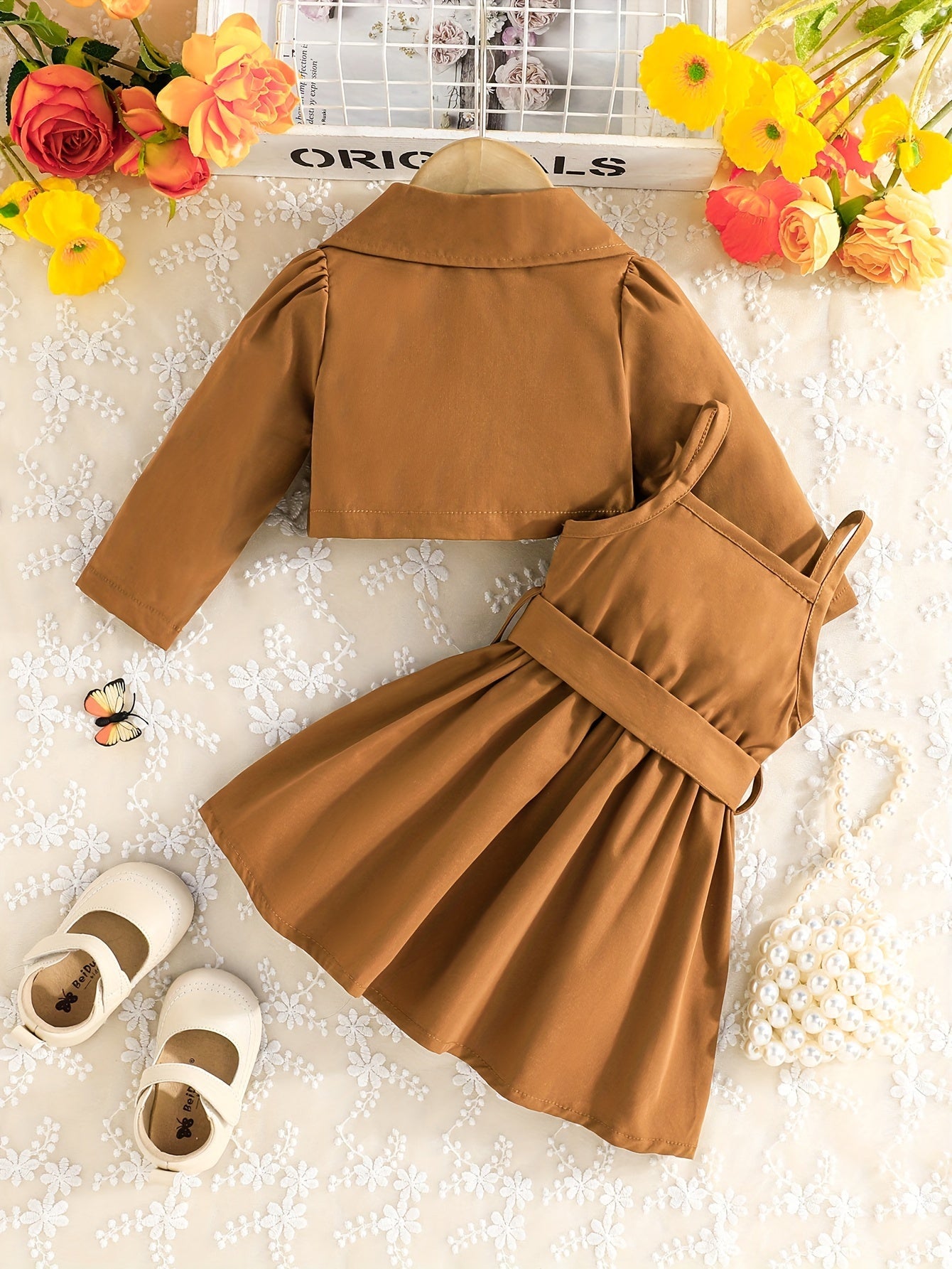 2pcs Baby's Trendy Solid Color Blazer + Belted Sundress, Toddler & Infant Girl's Clothing Set For Spring Fall, Outdoor Cloth Good Vibrations