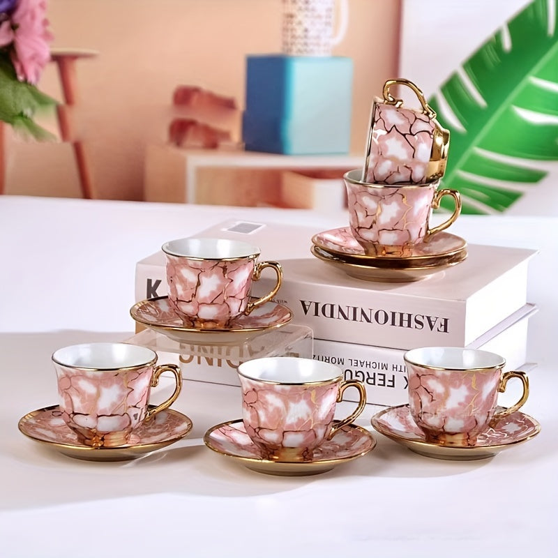 1set, European Style Creative Electroplated Ceramic Tea Set, 6 Cups & 6 Saucers, Porcelain Coffee Cup Gift Box Set Good Vibrations