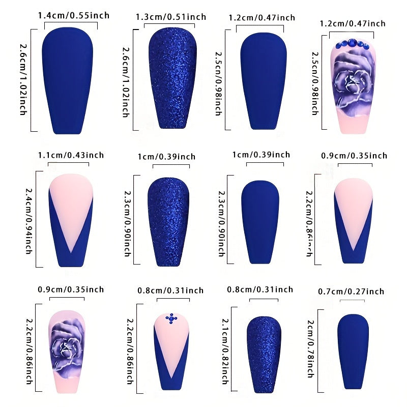 24-Piece Blue Flower Nail Tips Set with Ballet Shape, Middle Length, Glitter Pattern, Matte Finish, and Jelly Glue + Nail File - Press-On Ballet Nails with Floral Design and Glitter Accents Good Vibrations