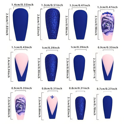 24-Piece Blue Flower Nail Tips Set with Ballet Shape, Middle Length, Glitter Pattern, Matte Finish, and Jelly Glue + Nail File - Press-On Ballet Nails with Floral Design and Glitter Accents Good Vibrations