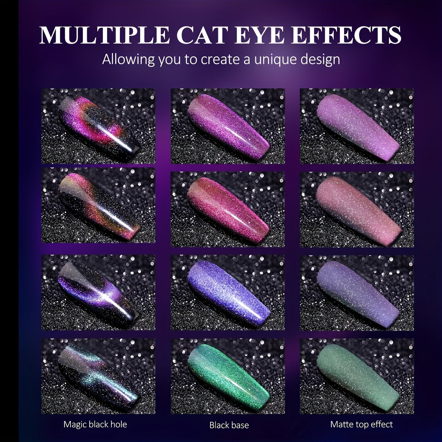 Arousar Cat Eye Gel Polish Set, 16pcs Chameleon Gel Nail Polish Black Purple Glitter Silver Changing Magic Galaxy Effect Kit With Base Top Coat, LED Nail Lamp, Cuticle Oil And Manicure Tools Good Vibrations