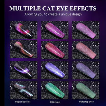 Arousar Cat Eye Gel Polish Set, 16pcs Chameleon Gel Nail Polish Black Purple Glitter Silver Changing Magic Galaxy Effect Kit With Base Top Coat, LED Nail Lamp, Cuticle Oil And Manicure Tools Good Vibrations