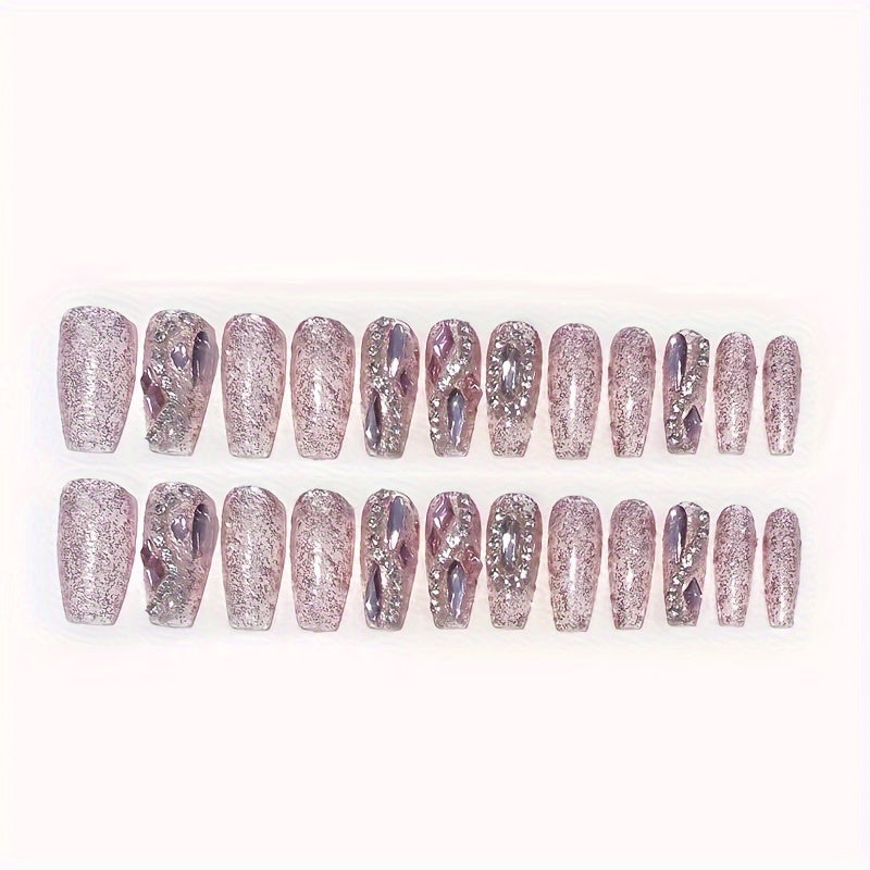 24pcs Coffin-Shaped Long Pink Rhinestone Nail Extensions with Sparkling Chains - Glamorous, High-Quality, Easy-to-Apply Nail Tips for Parties, Dinners, and Casual Attire - Includes Adhesive Strips & Nail File, DIY Nail Art | Good Vibrations