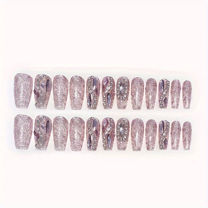 24pcs Coffin-Shaped Long Pink Rhinestone Nail Extensions with Sparkling Chains - Glamorous, High-Quality, Easy-to-Apply Nail Tips for Parties, Dinners, and Casual Attire - Includes Adhesive Strips & Nail File, DIY Nail Art | Good Vibrations