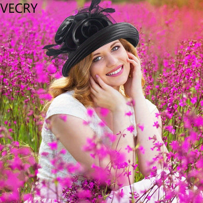 VECRY Women Derby Church Dress Cloche Hat Fascinator Floral Tea Party Wedding Bucket Hat Good Vibrations