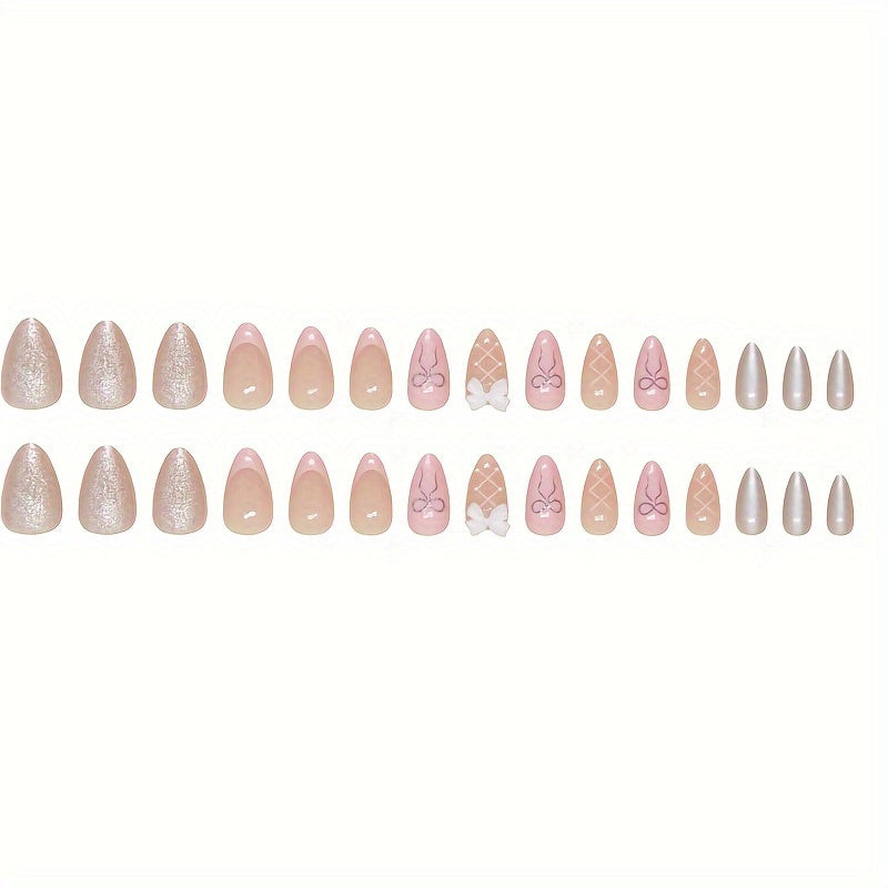 Pink Sweet Bow Press-On Nail Tips - Almond Shape, Medium Length, Glossy Finish Good Vibrations