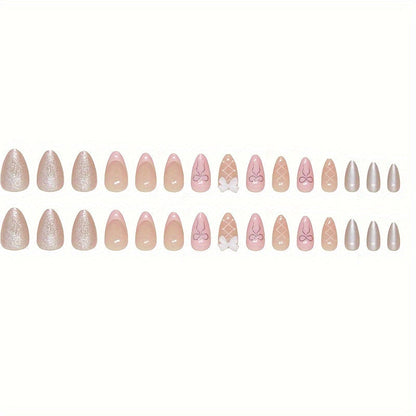 Pink Sweet Bow Press-On Nail Tips - Almond Shape, Medium Length, Glossy Finish Good Vibrations