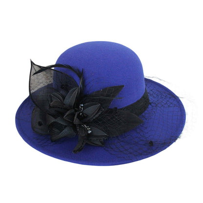 Women's Wide Brim Fedora Hat with Black Lace Veil & Floral Decor - Non- Derby Cap for Church, Bridal Tea Party, Formal Events Good Vibrations