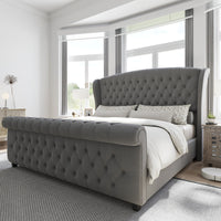 Platform Bed Frame, Chenille Upholstered Sleigh Bed with Scroll Wingback Headboard & Footboard/Button Tufted/No Box Spring Required/ Good Vibrations