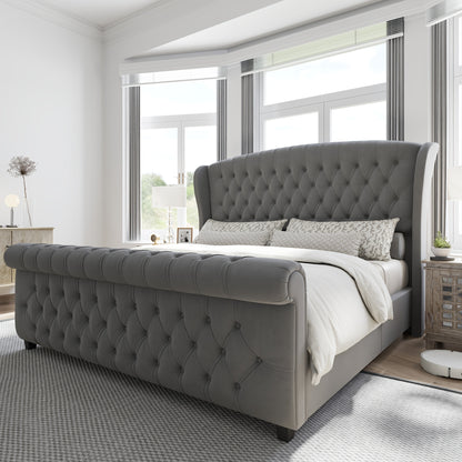 Platform Bed Frame, Chenille Upholstered Sleigh Bed with Scroll Wingback Headboard & Footboard/Button Tufted/No Box Spring Required/ Good Vibrations
