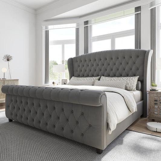Platform Bed Frame, Chenille Upholstered Sleigh Bed with Scroll Wingback Headboard & Footboard/Button Tufted/No Box Spring Required/ Good Vibrations