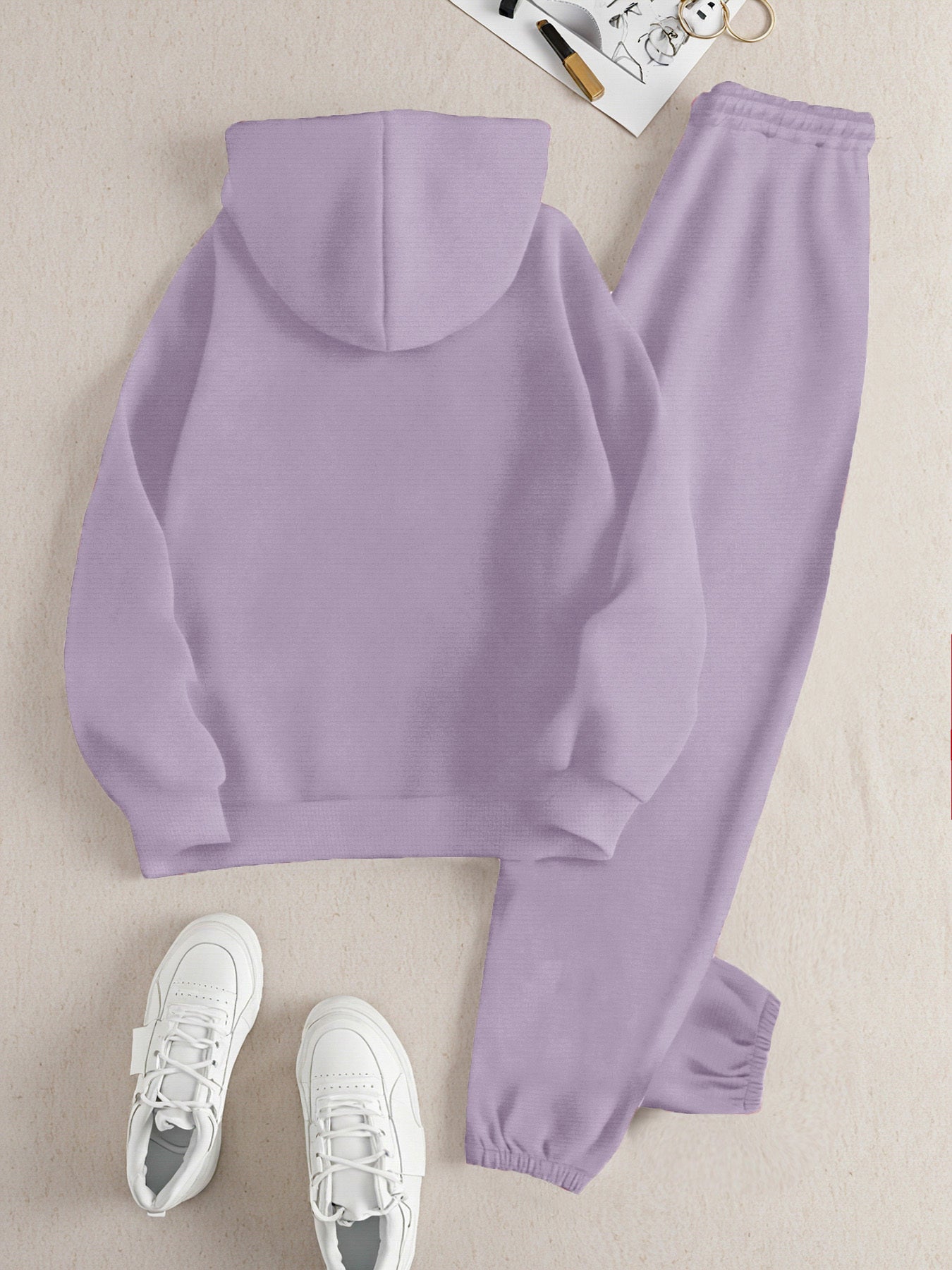 2025 Autumn Winter New Arrival, Sweet Cool Long Neck Deer Pattern Suit, Casual Letter Print Loose Warm Long Sleeve Hooded Sweatshirt with Elastic Drawstring Waist Pants Two-Piece Set, Women Two-piece Set Large Size Striped Ch Good Vibrations