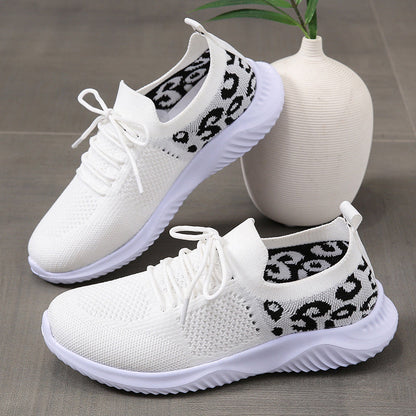Women's Casual Sneakers, Flying Woven Leopard Pattern Breathable Lace-up Running Shoes, Women's Footwear plus size Good Vibrations