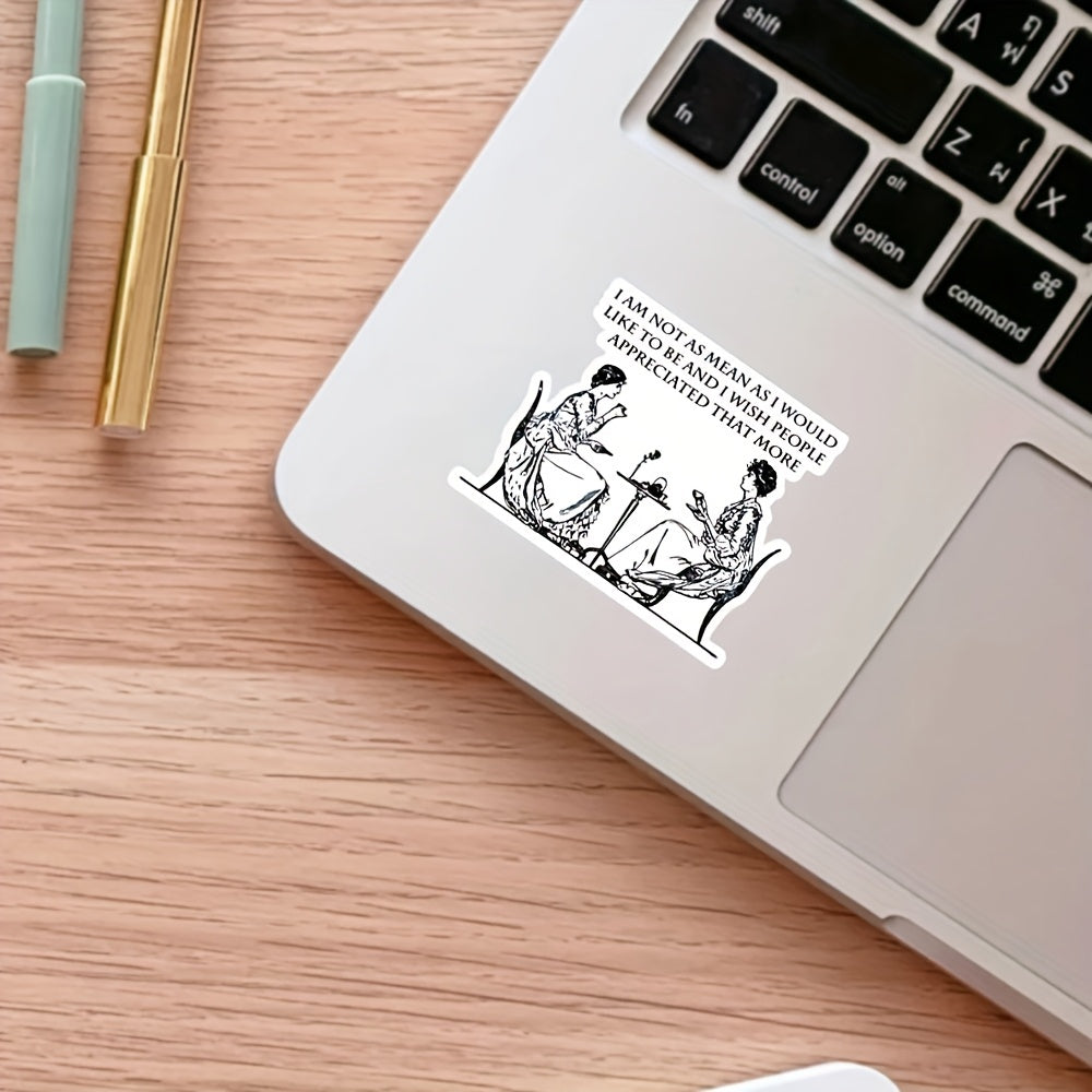 Humorous Vinyl Sticker | 'I'm Not As Mean As I Would Like to Be' Quote | Black & White Tea Party Illustration of Two Women | Sarcastic Laptop Decal for Book Lovers | Durable Matte Vinyl | Reusable Self-Adhesive for Laptops, B Good Vibrations