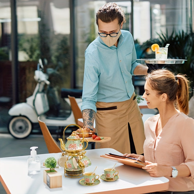 20 Pcs, Ceramic Tea Set, Coffee Pot, Floral Ceramic Tea Cup with Saucer, Afternoon Tea Set Porcelain Tea Set With Metal Holder, Blooming Tea Set, Christmas Gift For Tea Lover, Home Garden Party Coffee Shop, Afternoon Tea & Sp Good Vibrations