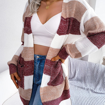 Striped Colorblock V-neck Cardigans, Casual Loose Drop Shoulder Long Sleeve Fall Winter Knit Cardigan, Women's Clothing Good Vibrations