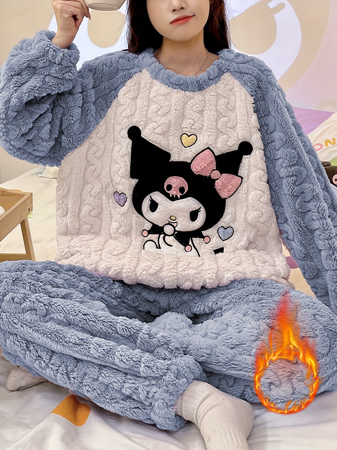 Autumn And Winter New Women'S Pajamas Sanrio Cute for kuromi Embroidered Pattern Home Wear Long Sleeve And Pants Casual Warm Fleece Soft Color Block Comfortable Set, Pajamas For Women, Pajamas For Women Plus Size, Pajamas For Good Vibrations