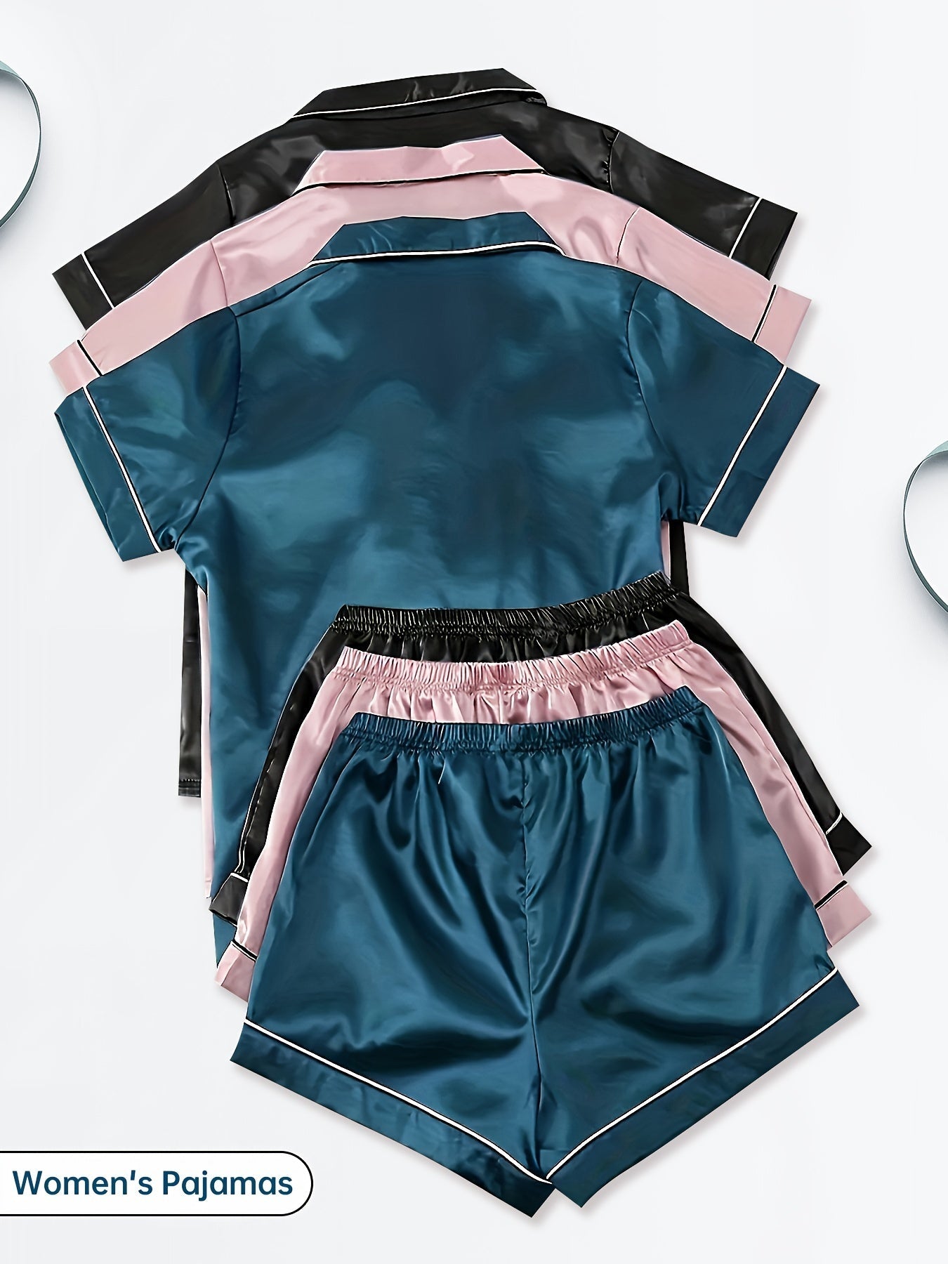 Three Sets of Satin Outfits. Short-Sleeved Collared Tops And Elastic Waistband Shorts, Suitable for Women'S Sleepwear And Loungewear, Women Short And Top Set, Short And Top Set Women, Women Short Set, Loungewear Women Set, Sh Good Vibrations
