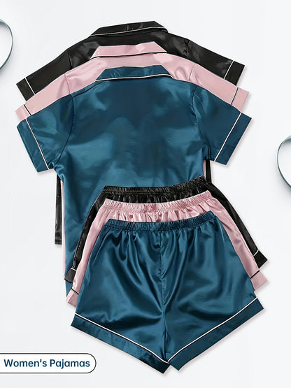 Three Sets of Satin Outfits. Short-Sleeved Collared Tops And Elastic Waistband Shorts, Suitable for Women'S Sleepwear And Loungewear, Women Short And Top Set, Short And Top Set Women, Women Short Set, Loungewear Women Set, Sh Good Vibrations