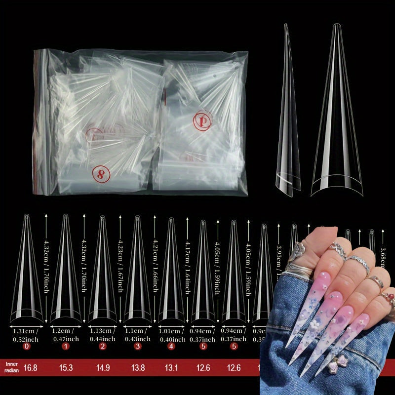 504 Pcs XXL Long Sharp Pointed Stiletto False Nails Set - Full Cover Nail Tips with Clear Plain C Curve Design for Customized Salon Nail Art - DIY Acrylic Nail Kit for Professional Results Good Vibrations