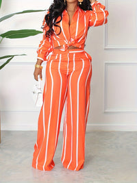 [Two-piece Set Long Sleeve Shirt] Striped Print Two-piece Set, Button Front Collar Long Sleeve Shirt & High Waist Wide Leg Loose Pants Set, Women's Clothing Good Vibrations