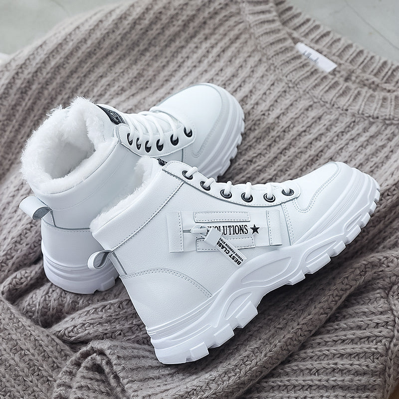 [Warm Fleece-Lined Winter Boots] Warm Fleece-Lined Women's Winter High-Top Boots - Thick Rubber Sole, Lace-Up Casual Style, White & Beige, Perfect for Cold Weather Comfort Good Vibrations
