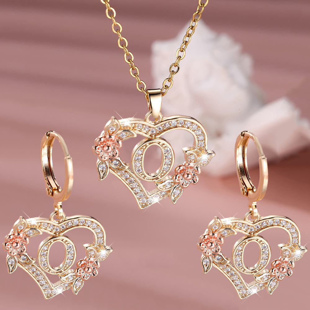 3pcs Women's Jewelry Set - Heart-Shaped Interlocking Link Necklace & Earrings with 26-Letter Monogram, Elegant Golden-Tone -Accented Letters, Dainty Everyday Gift for Mother's Day, Graduation, Birthdays (Pink & Clear Good Vibrations