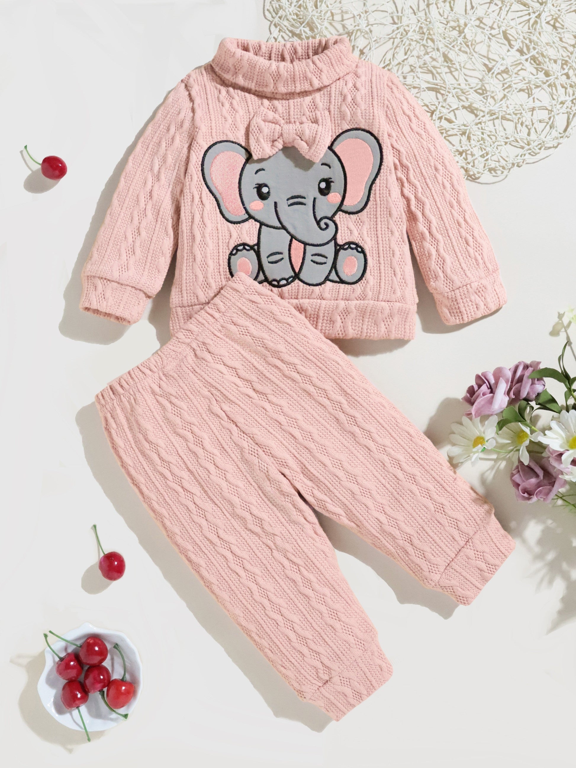 2pcs Baby's Bow Elephant Patchwork Warm Sweater + Casual Knitted Pants, Toddler & Infant Girl's Clothing Set Good Vibrations