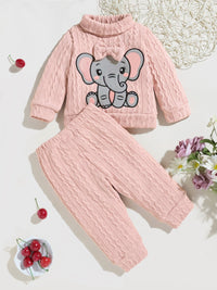 2pcs Baby's Bow Elephant Patchwork Warm Sweater + Casual Knitted Pants, Toddler & Infant Girl's Clothing Set Good Vibrations