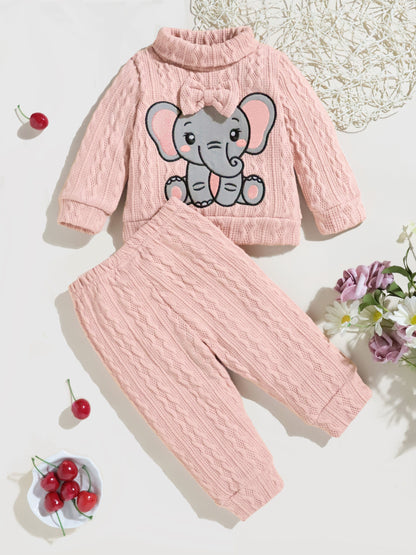 2pcs Baby's Bow Elephant Patchwork Warm Sweater + Casual Knitted Pants, Toddler & Infant Girl's Clothing Set Good Vibrations
