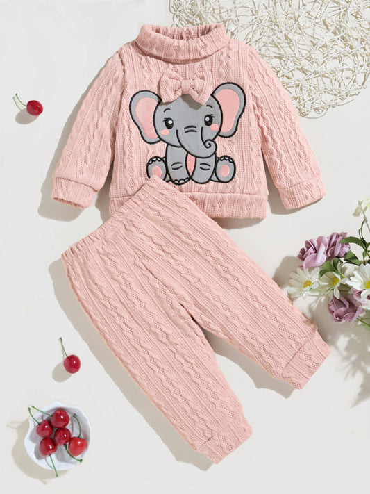 2pcs Baby's Bow Elephant Patchwork Warm Sweater + Casual Knitted Pants, Toddler & Infant Girl's Clothing Set Good Vibrations