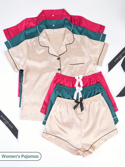 Three Sets of Satin Outfits. Short-Sleeved Collared Tops And Elastic Waistband Shorts, Suitable for Women'S Sleepwear And Loungewear, Women Short And Top Set, Short And Top Set Women, Women Short Set, Loungewear Women Set, Sh Good Vibrations
