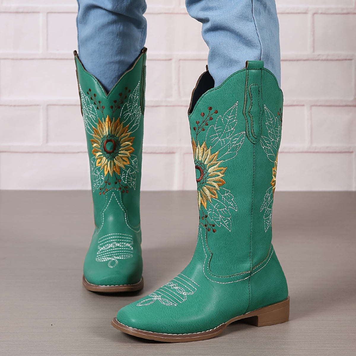 [Mid Calf Embroidered Western Boots] Women's Embroidered Mid Calf Western Boots, Faux Leather Fashion Boots, Women's Footwear Good Vibrations
